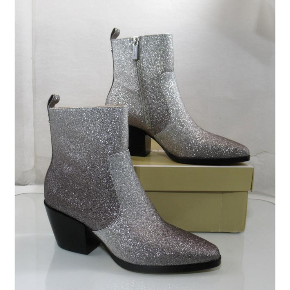 Michael Kors Harlow Bootie Glitter Embellished Boots Silver / Black Size 8 - Picture 3 of 9